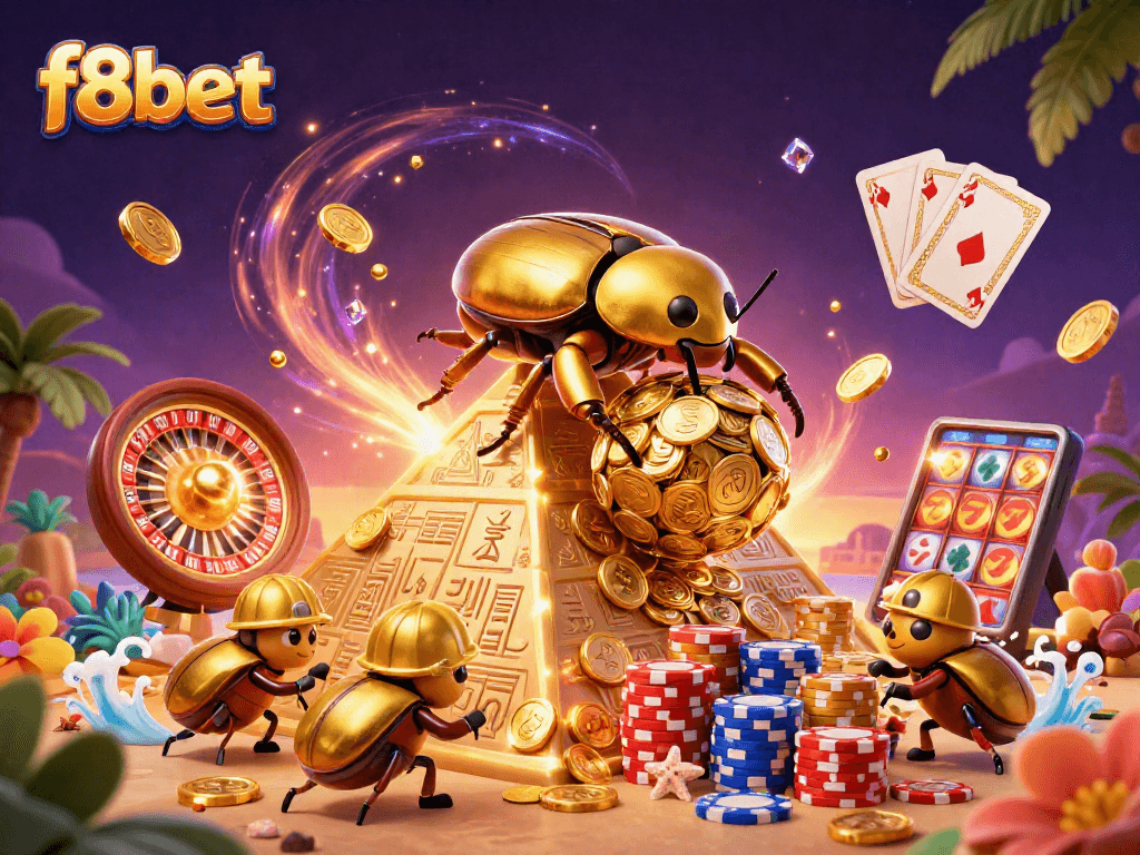 Spin your luck with f8bet's golden casino adventure, showcasing exciting gaming elements and vibrant scenes.