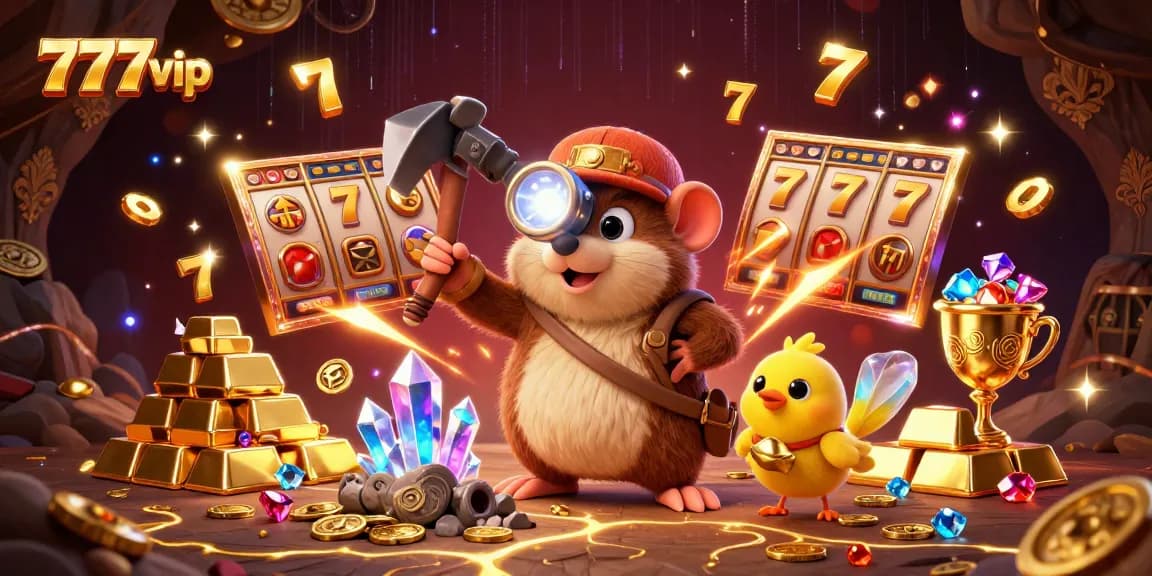 Win big at 777vip with its vibrant treasure-filled casino illustration showcasing exciting slots and games.