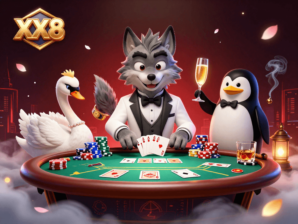 Experience the thrill of XX8 with a debonair wolf, elegant swan, and sophisticated penguin at a lively table.