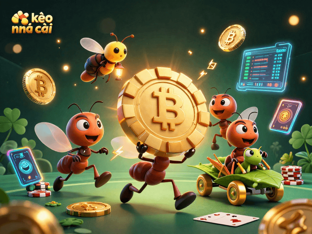 Engage with our vibrant kèo nhà cái illustration, featuring ants heisting a giant poker chip amidst dynamic casino elements.