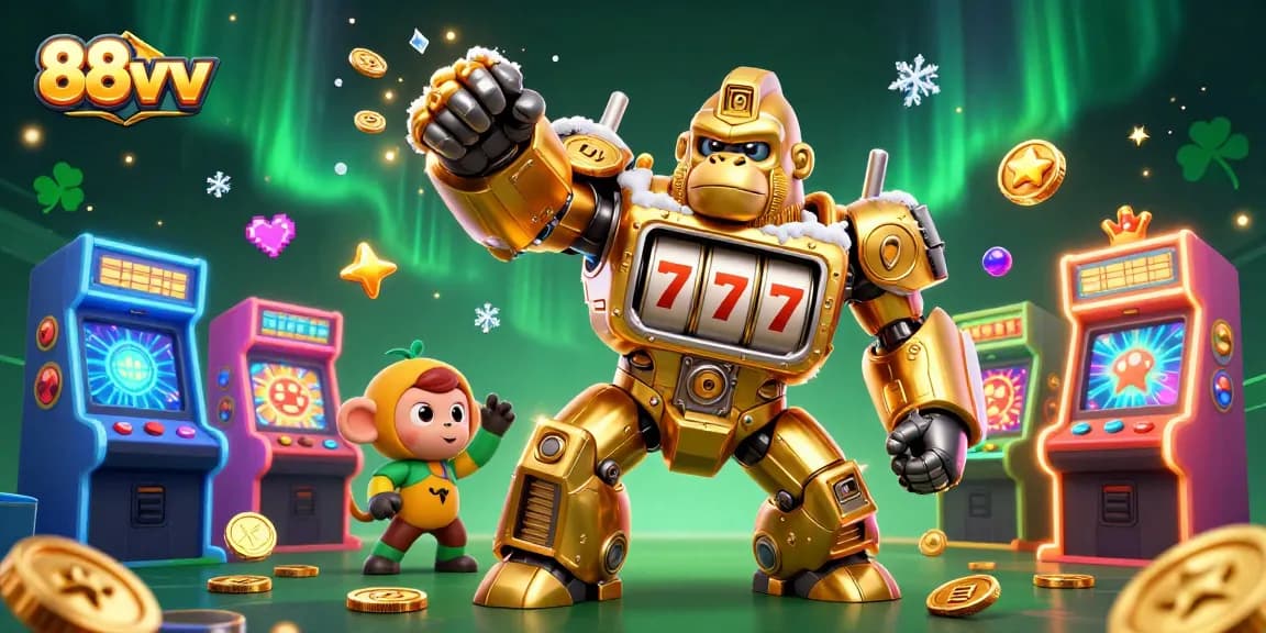 Engage with 88vv casino's thrilling action featuring a golden gorilla mech and vibrant arcade machines!