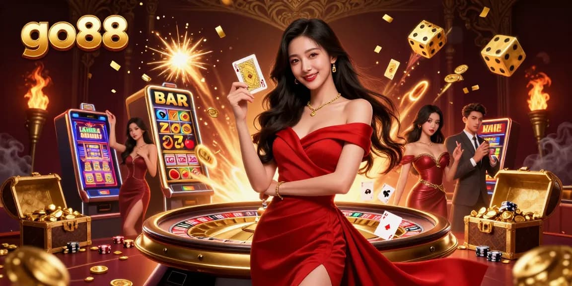 Join the excitement at go88 as a beautiful young woman showcases her winning potential, surrounded by casino elements.