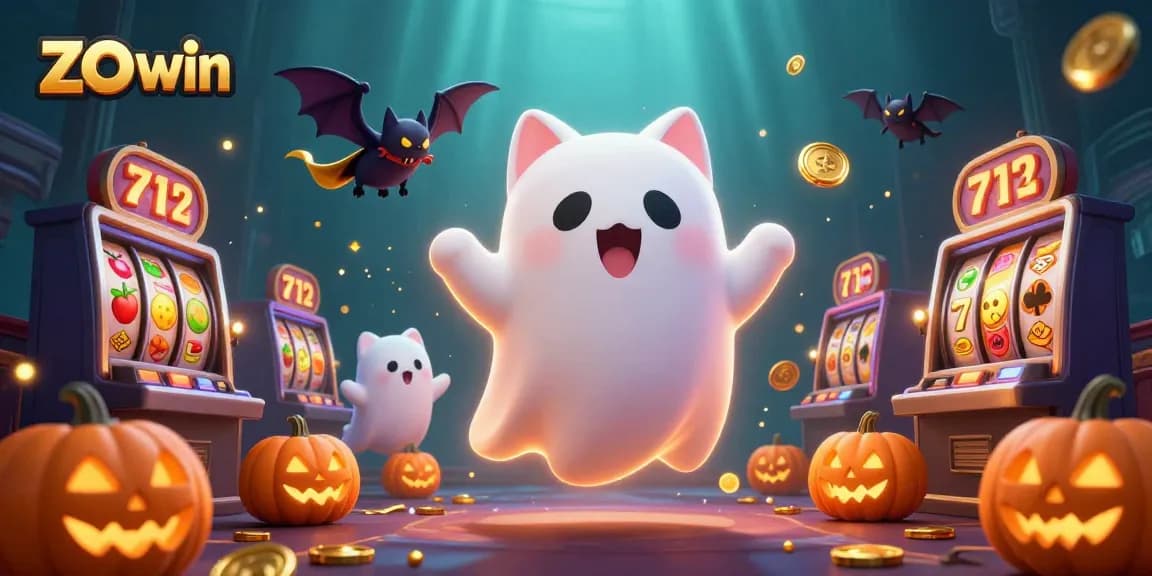 Bet on thrilling experiences with zo win while a ghost cat and bat explore a vibrant casino.