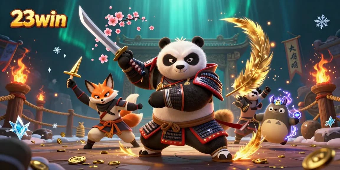 Engage in thrilling wins at 23win with vibrant 3D characters in an action-packed casino scene.