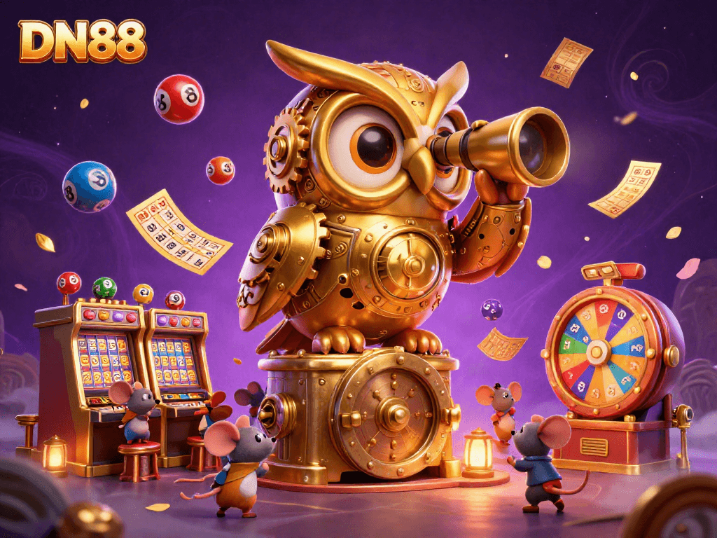 Engage with DN88 in an animated casino scene featuring lively characters and vibrant gaming elements.