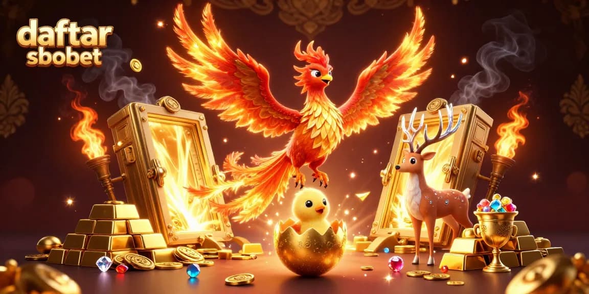 Experience daftar sbobet with vibrant phoenix, treasures, and sparkling gems in a 3D enchanting scene.