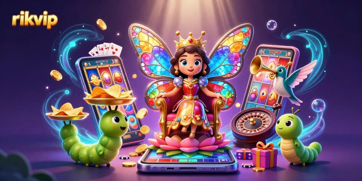 Play exciting games at rikvip with colorful slot reels, vibrant chips, and lively characters.