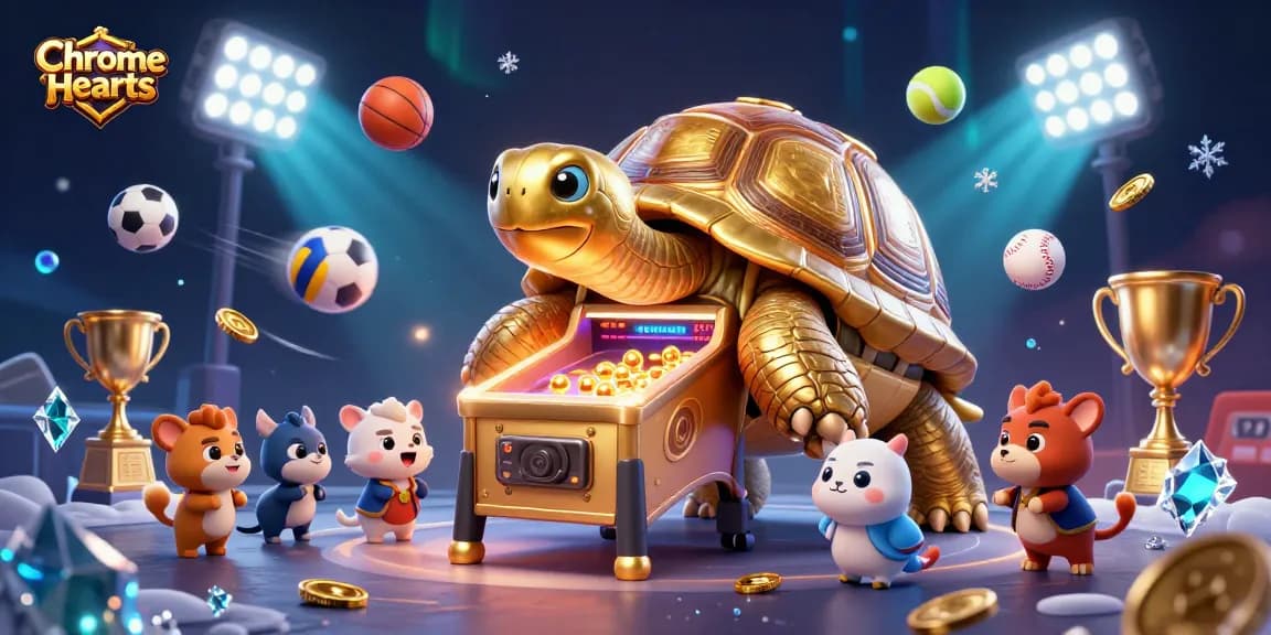 Engaging scene of Chrome Hearts gaming with golden tortoise pinball machine, vibrant sports elements.