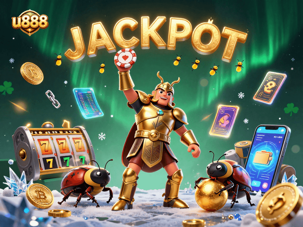 Strike big wins with u888 in this vibrant 3D illustration of a victorious casino scene.