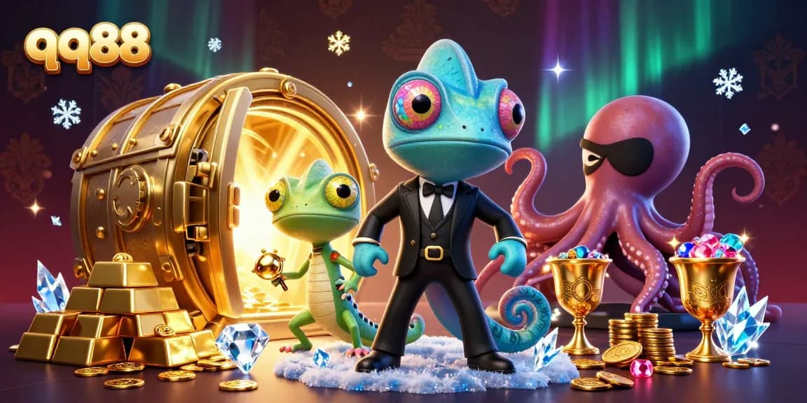 Experience the excitement of qq88's vibrant casino scene with a dynamic trio of characters surrounded by gold and jewels.