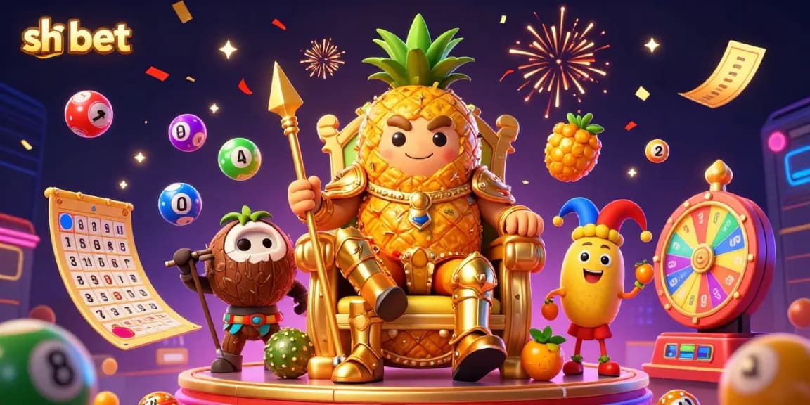 Engage with sh bet's dynamic casino scene featuring a golden pineapple king and lively game elements.