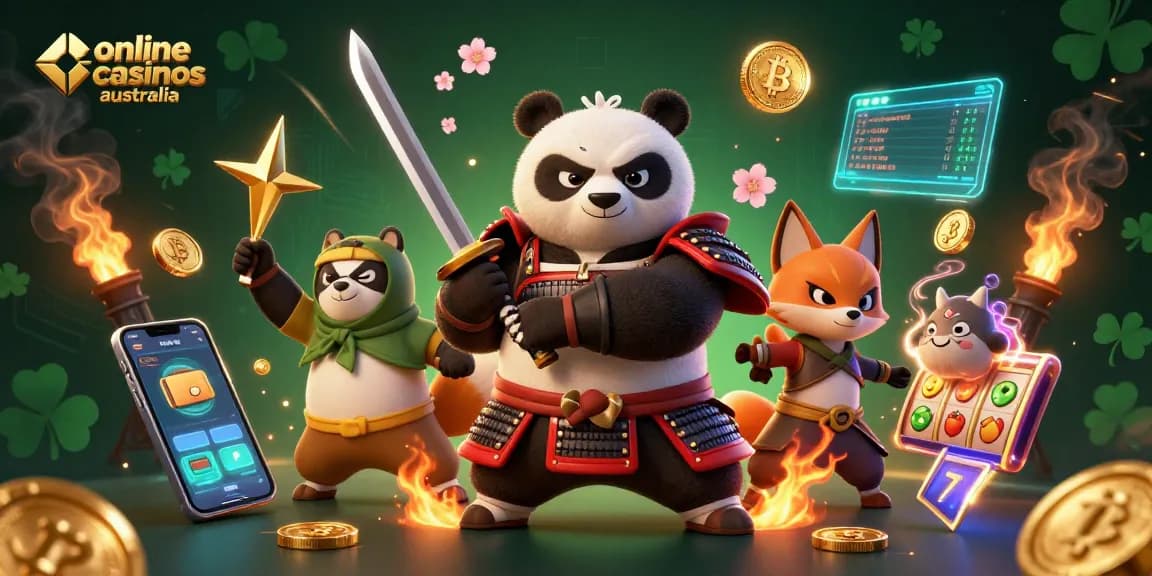 Engage with online casinos Australia through a dynamic 3D cartoon scene featuring a samurai panda and ninja fox.