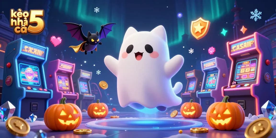 Experience thrilling gameplay with kèo nhà cái 5 in this vibrant casino scene featuring a friendly ghost cat and bat.