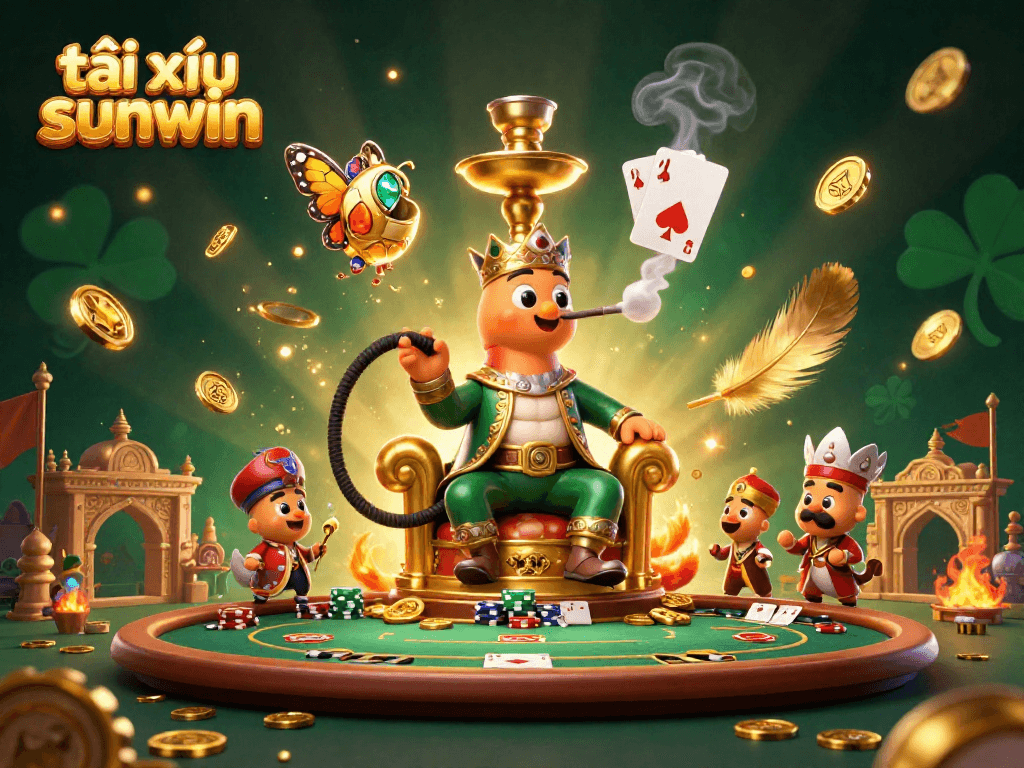 Experience the thrilling action of tài xỉu sunwin with a vibrant 3D casino scene featuring a sultan caterpillar and poker elements.