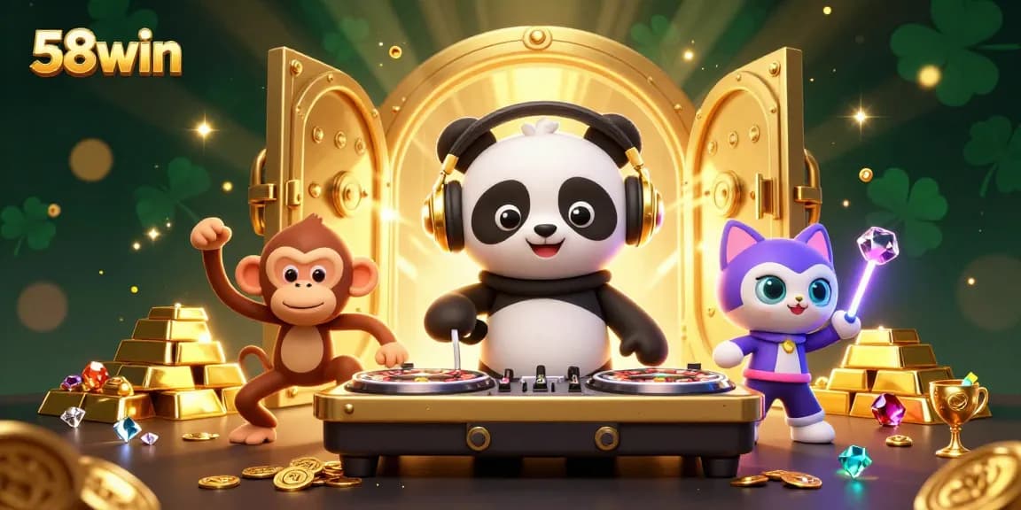 Experience thrilling gaming at 58win with DJ panda, treasure, and vivid casino elements.