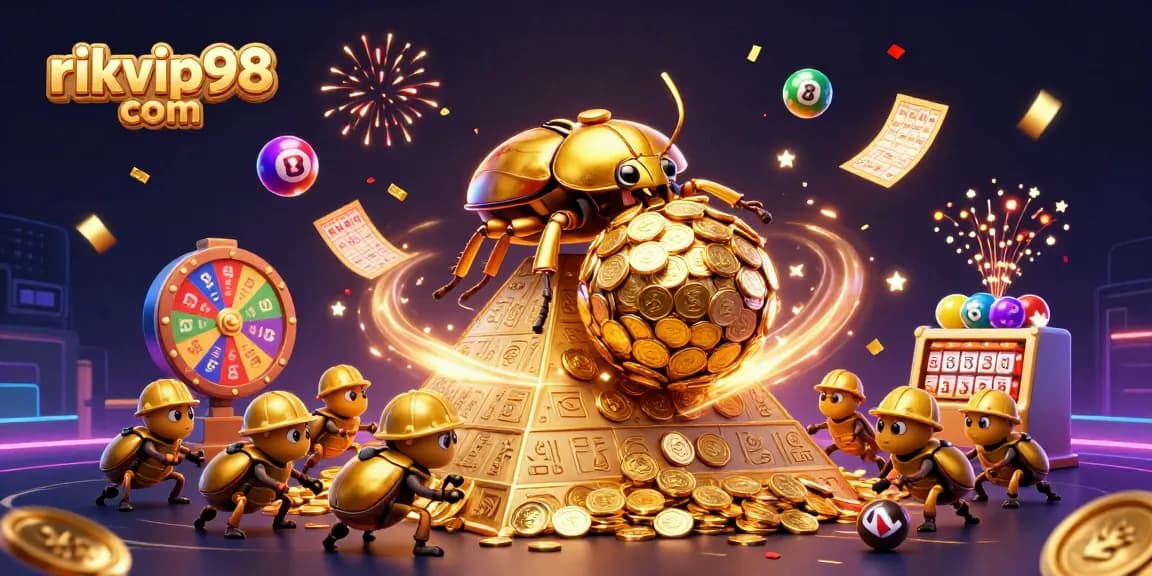 Experience excitement at rikvip98 com with a vibrant 3D casino-themed illustration featuring golden beetles and dynamic lottery elements.