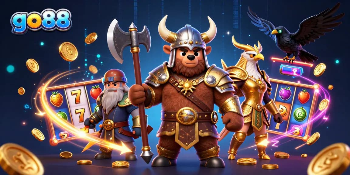 Experience the excitement of go88 with vibrant slot reels and dynamic characters in a 3D casino illustration.