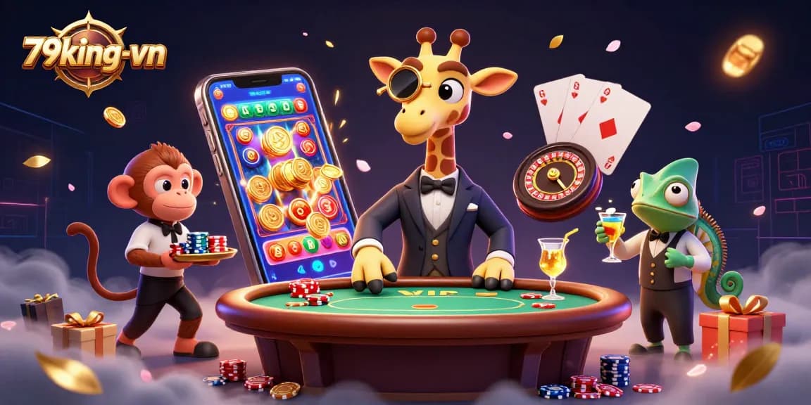 Engage with 79king-vn's vibrant casino world, featuring a high-roller giraffe and exciting game elements.