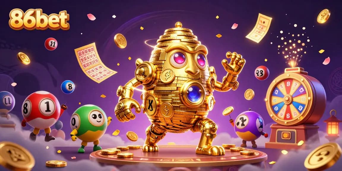 86bet leverages a stunning golden golem surrounded by vibrant casino elements, enhancing the gaming experience.