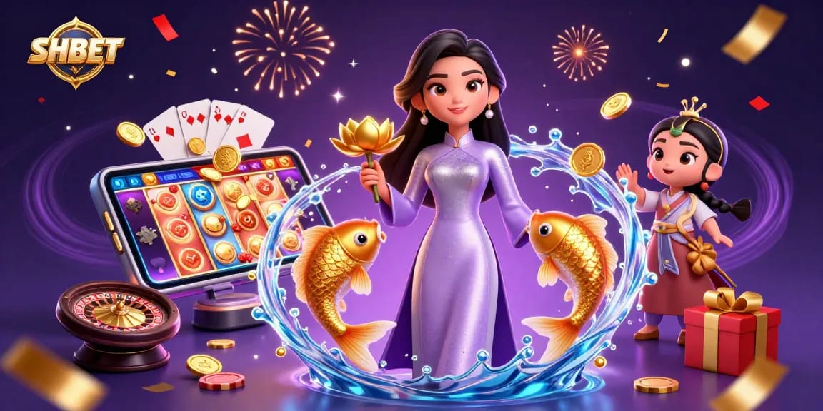 Win big with SH BET in an enchanting 3D casino scene featuring dynamic characters and vibrant game elements.