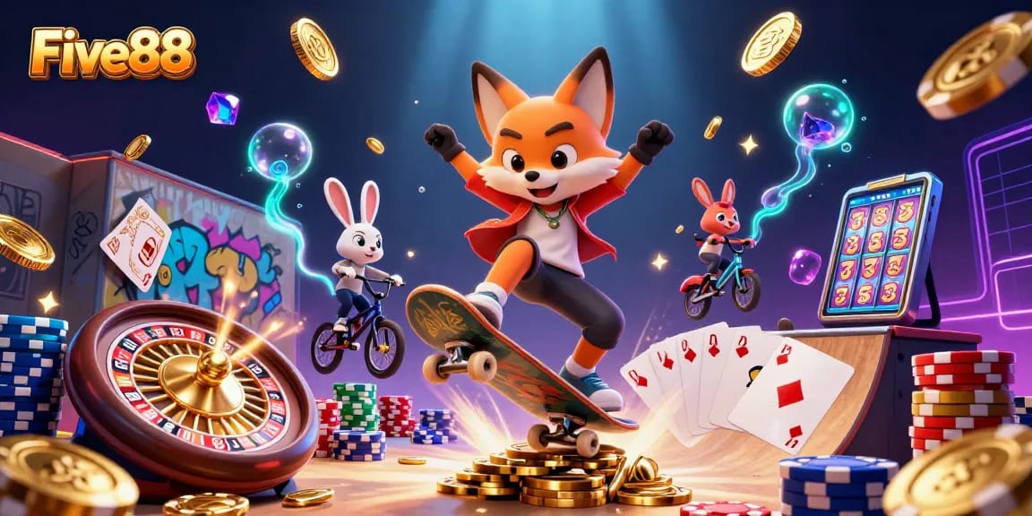 Engage with the vibrant world of Five88, featuring a fox and rabbit in a dynamic casino illustration.