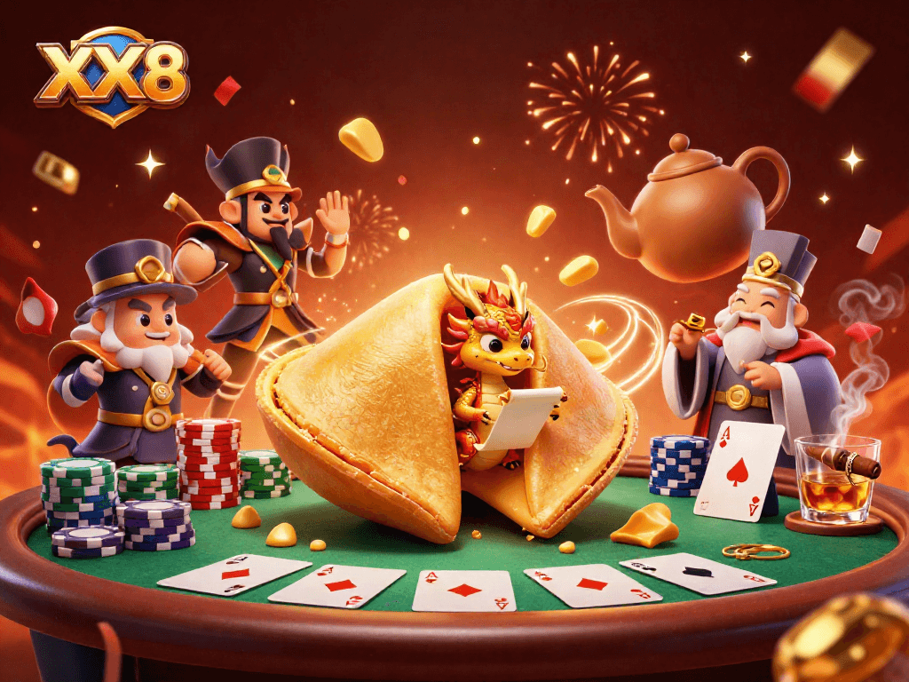 Engage with XX8's vibrant casino scene featuring a golden fortune cookie and poker excitement.