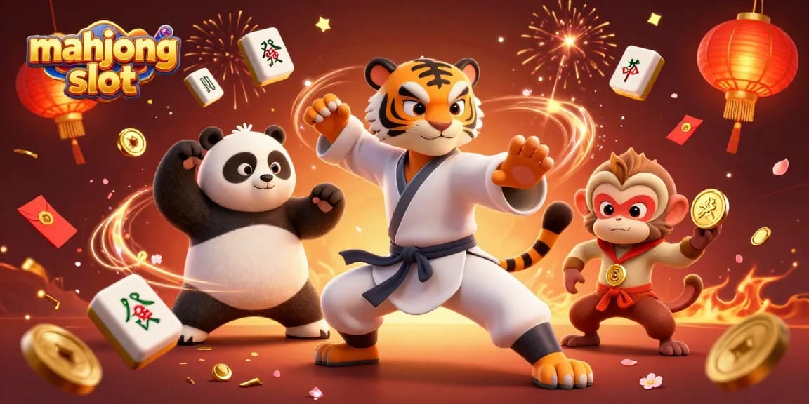 Experience the thrill of mahjong slot with animated characters celebrating wins surrounded by festive game elements.
