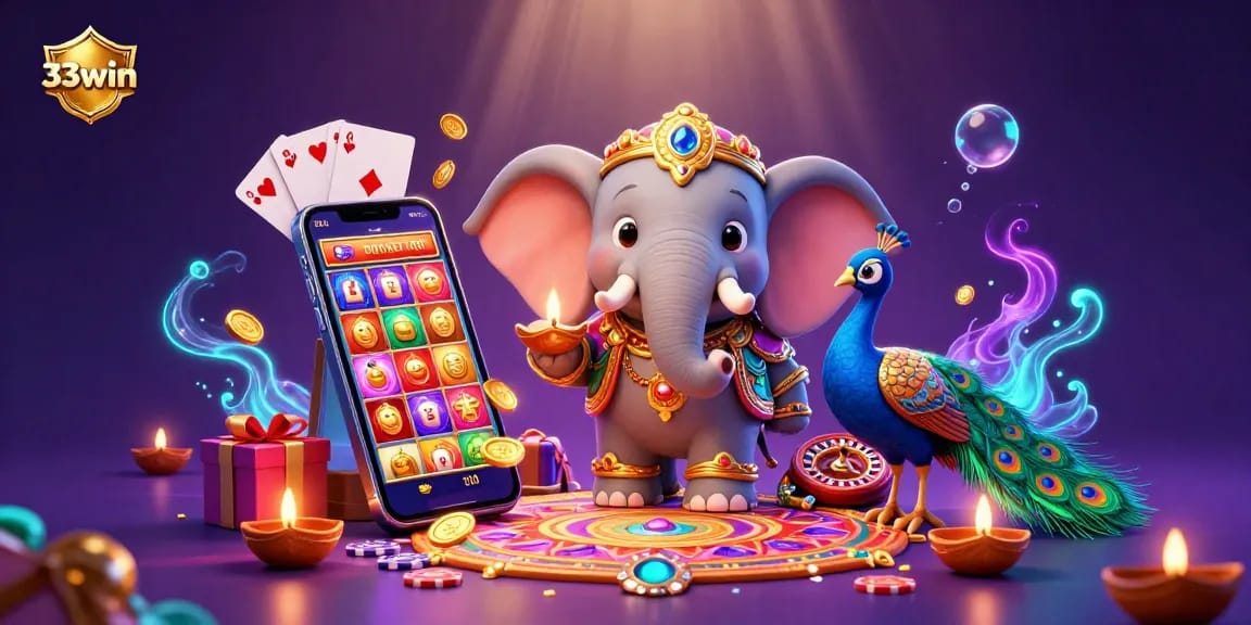 Experience the vibrant 33win casino scene with jackpot celebrations featuring slot games, elephant, and peacock.