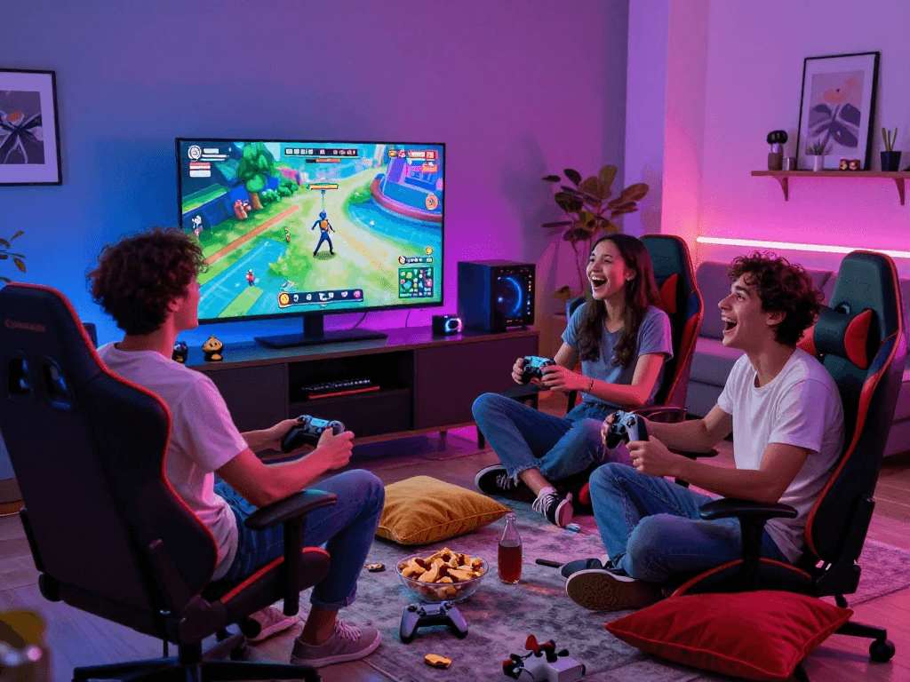 Group enjoying a multiplayer sex game surrounded by snacks and vibrant decor