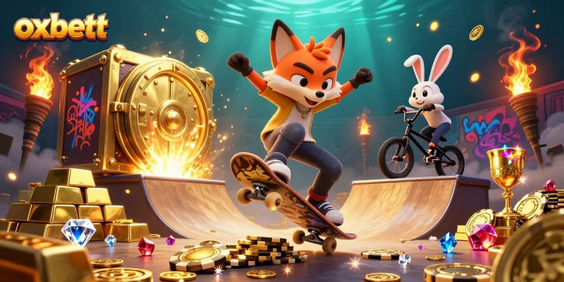 Experience stunning gaming action with oxbett in this vibrant 3D casino illustration featuring colorful characters.