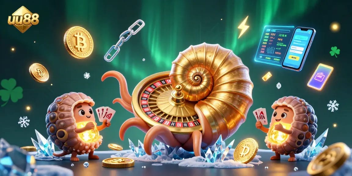 Join the excitement at uu88 with a vibrant 3D casino scene featuring unique characters and crypto elements.