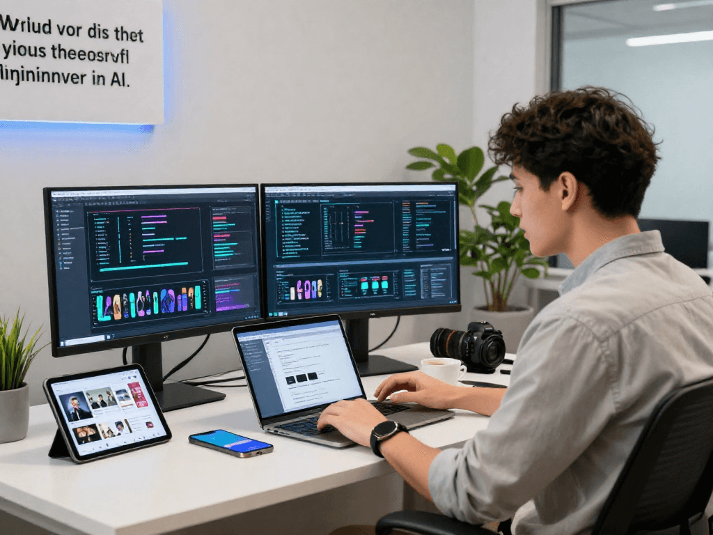 Workspace scene showcasing nsfw ai technology with vibrant algorithms, analytics dashboard, and professional setting.