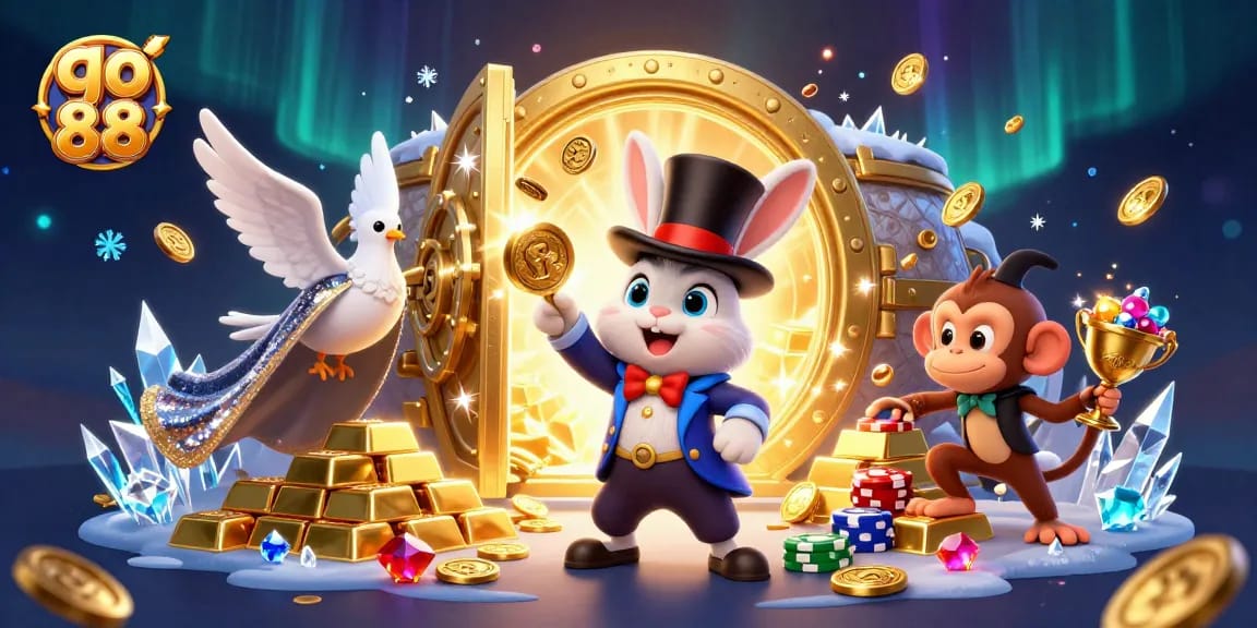 Experience the excitement of go 88 with a vibrant illustration featuring a magician, dove, and monkey amid treasures.