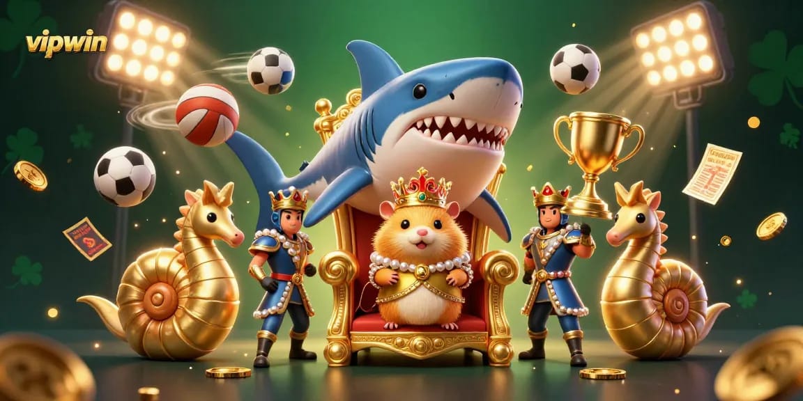 Engage in thrilling play at vipwin with a stunning scene of a golden hamster king and sports elements.
