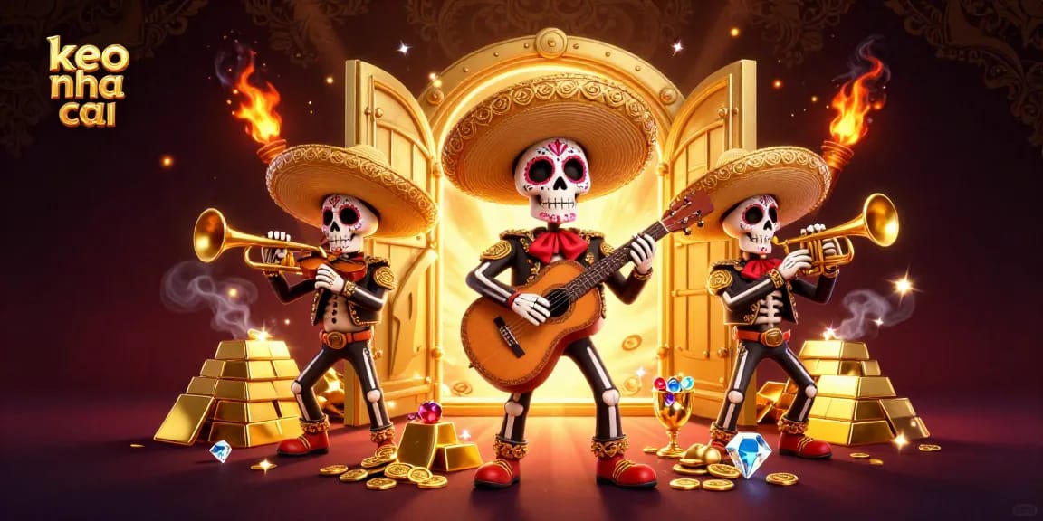 Engage in thrilling keo nha cai betting with colorful Day of the Dead mariachi musicians amidst gold treasures.