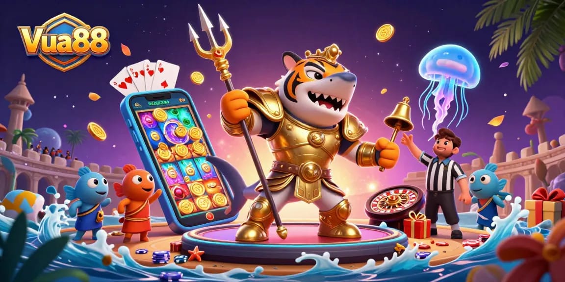 Engage in thrilling gameplay at Vua88 with a lively underwater casino scene featuring dynamic characters and exciting gaming elements.