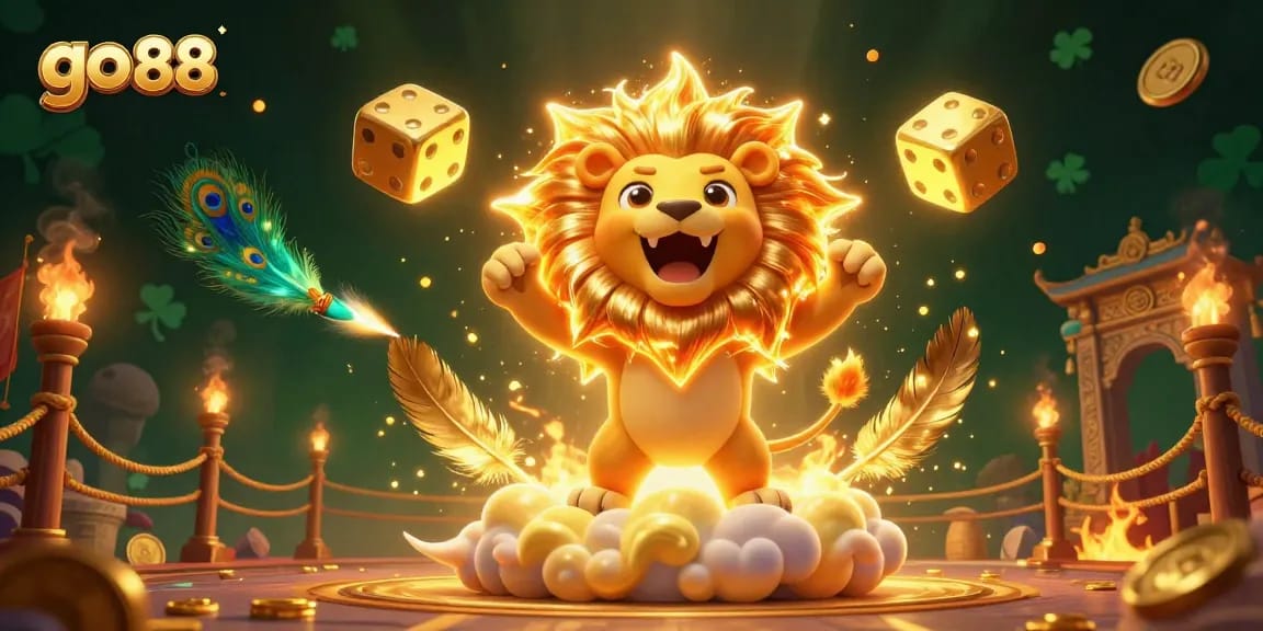 Experience exciting bets at go 88 with a vibrant scene of a roaring lion and golden dice.