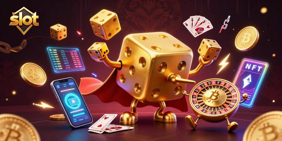 Spin the slot with luck! A vibrant scene featuring golden dice golem and crypto coins.