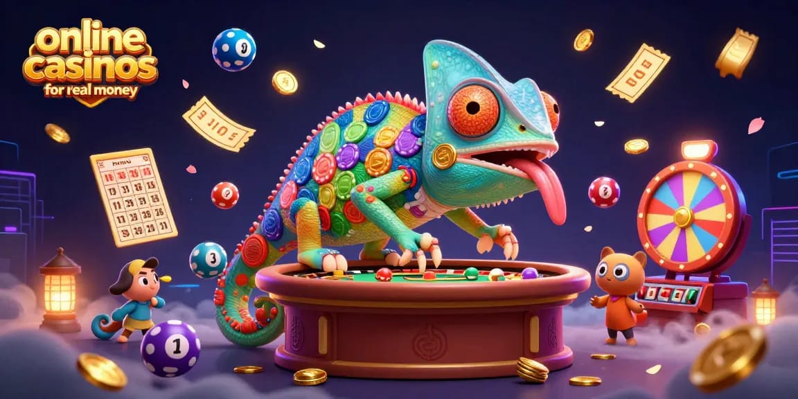 Engage in online casinos for real money with a vibrant 3D chameleon casino owner at a lively gaming scene.