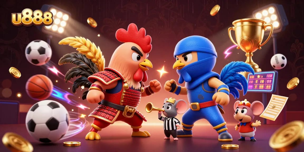 Engage in thrilling battles at u888 with dynamic 3D cartoon fighting roosters in an electrifying casino atmosphere.