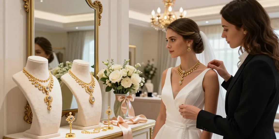 Bridal gold jewellery set showcased in an elegant boutique, enhancing the bride's beauty.