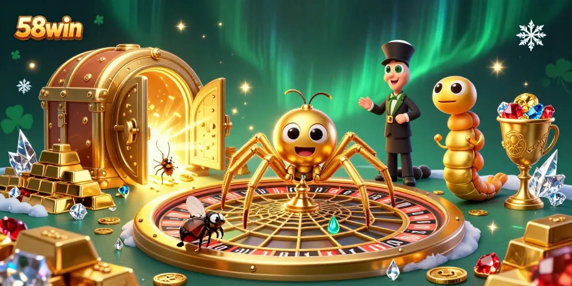 Experience thrilling bets at 58win with a colorful casino scene showcasing a roulette wheel and treasures