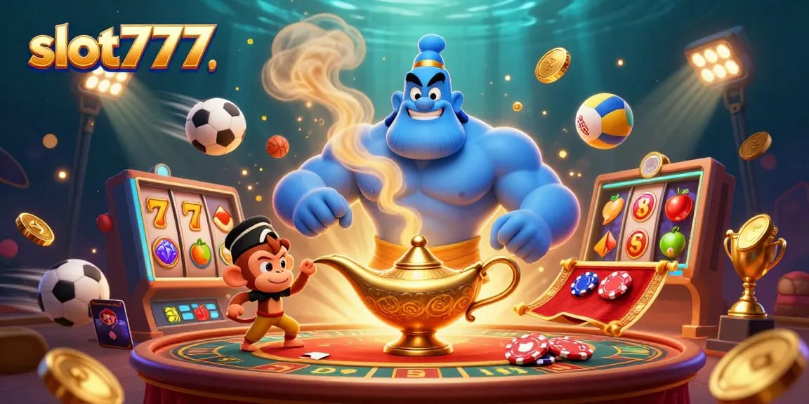 Engage in thrilling gameplay with slot777, featuring a captivating genie flying out of a lamp amidst vibrant casino elements.