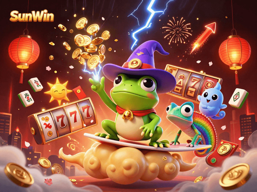 Experience the thrilling action of SunWin with vibrant characters and lively casino elements like golden coins and lucky 7s.