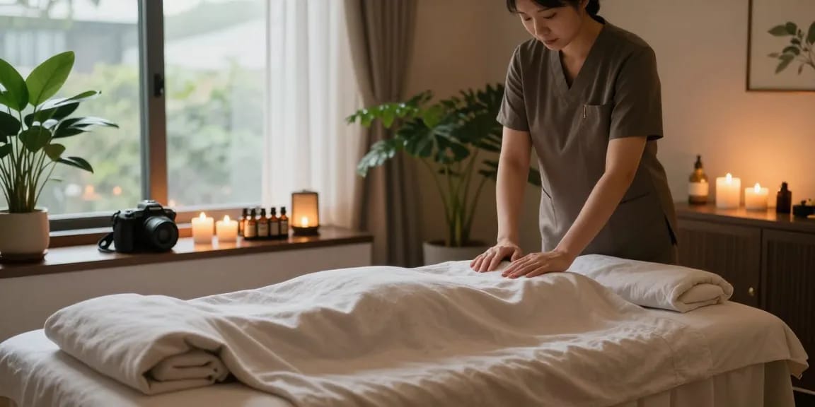 서울출장마사지 therapy scene with calming ambiance and professional setup.