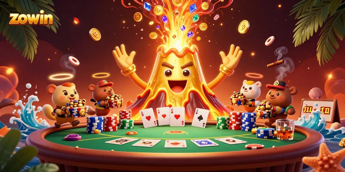 Engage with Zowin's dynamic poker scene featuring a volcano erupting with treasure.
