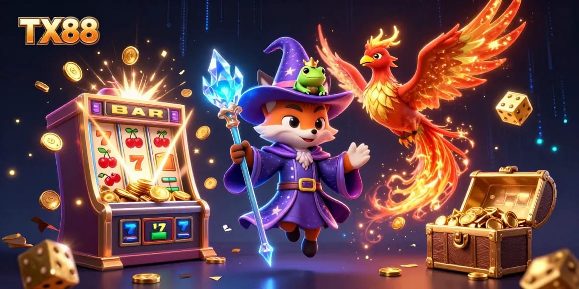 Experience winning with TX88 in a vibrant 3D illustration of a wizard fox and casino elements.