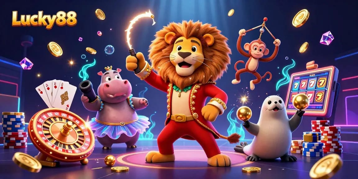 Spin the Lucky88 reels while enjoying a lively casino scene filled with colorful characters.