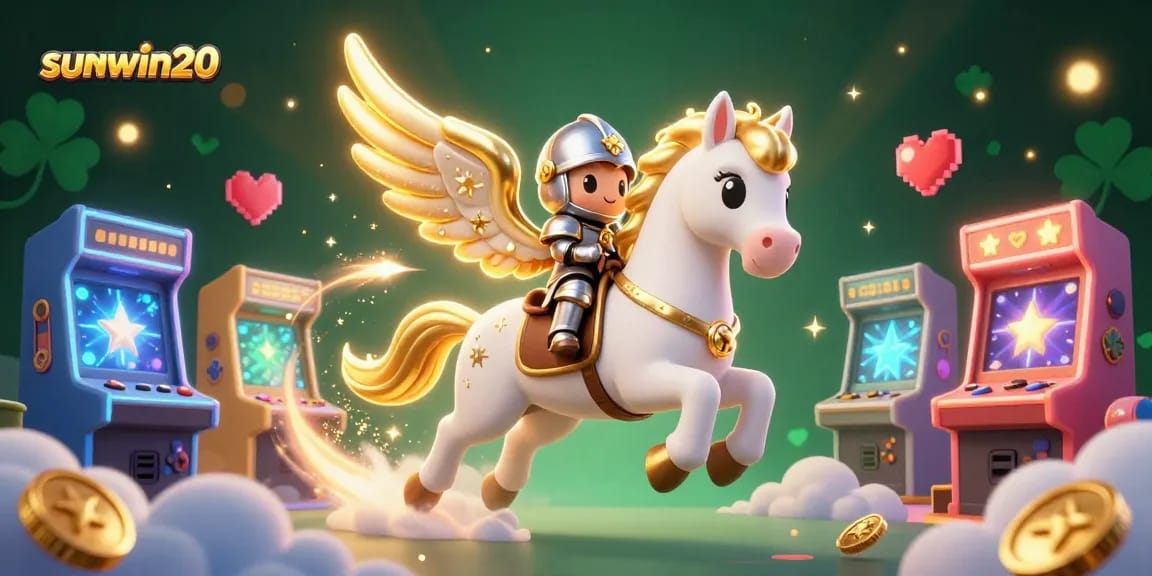 Experience thrilling gameplay with sunwin20, featuring a celestial horse and arcade games in a vibrant casino scene.