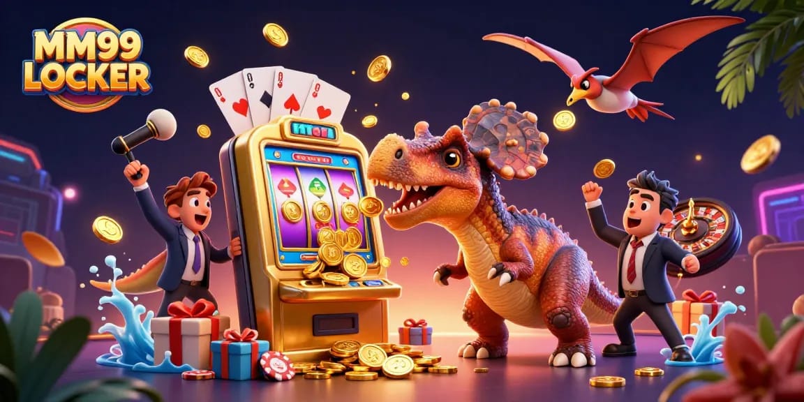 MM99 LOCKER highlights a pachycephalosaurus winning coins from a slot machine in a vibrant casino scene.